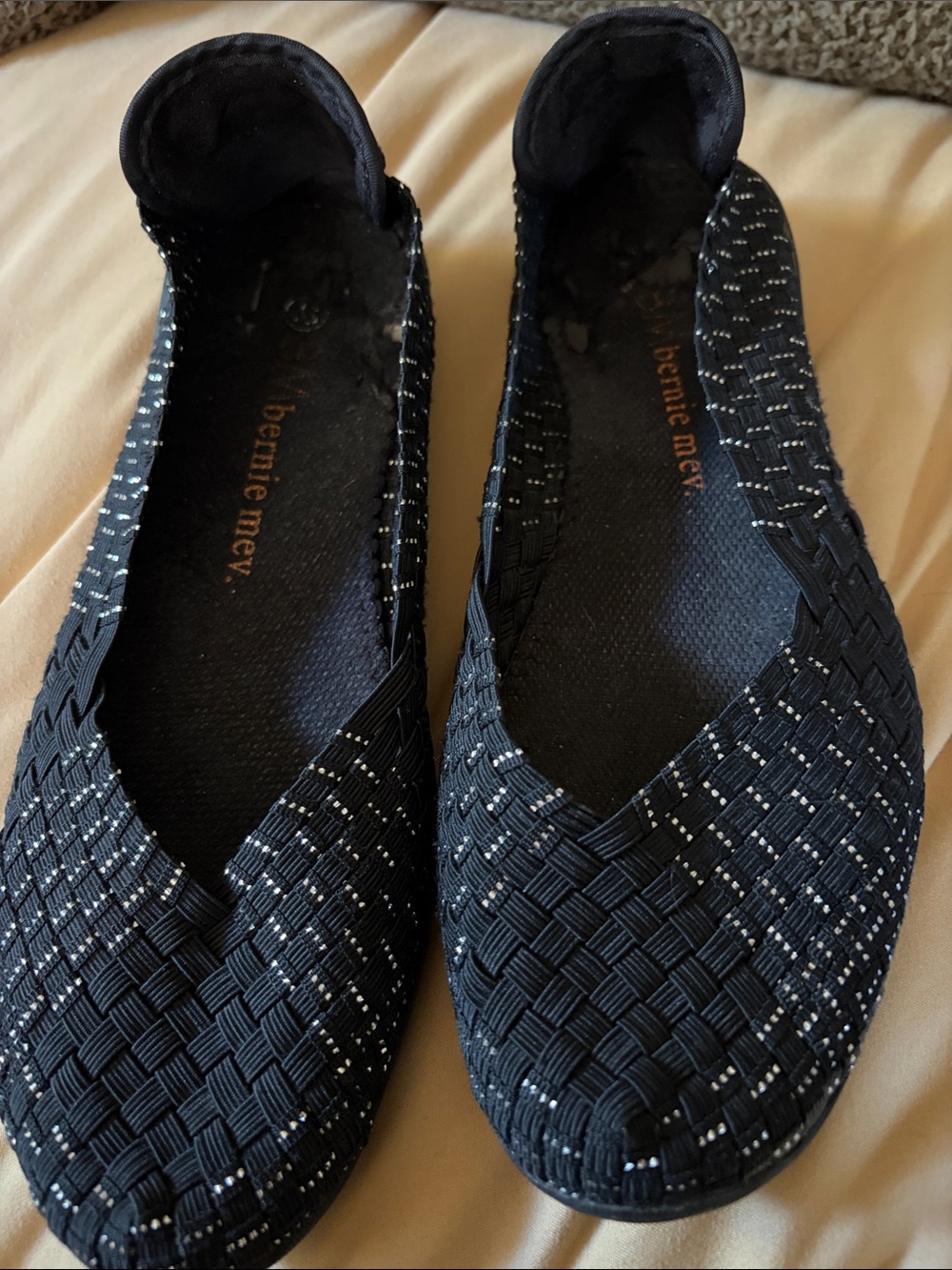 bernie mev. Black Woven Ballet Flats with Silver Speckle.